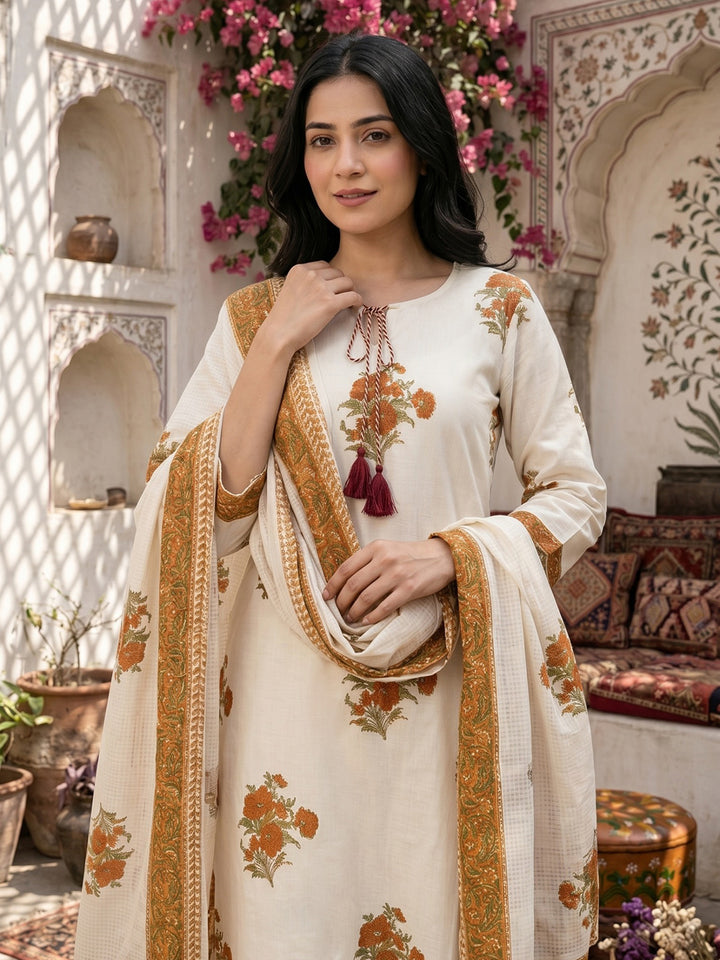 Mustard Embroidered Cotton Blend Straight Round Neck Suit Set