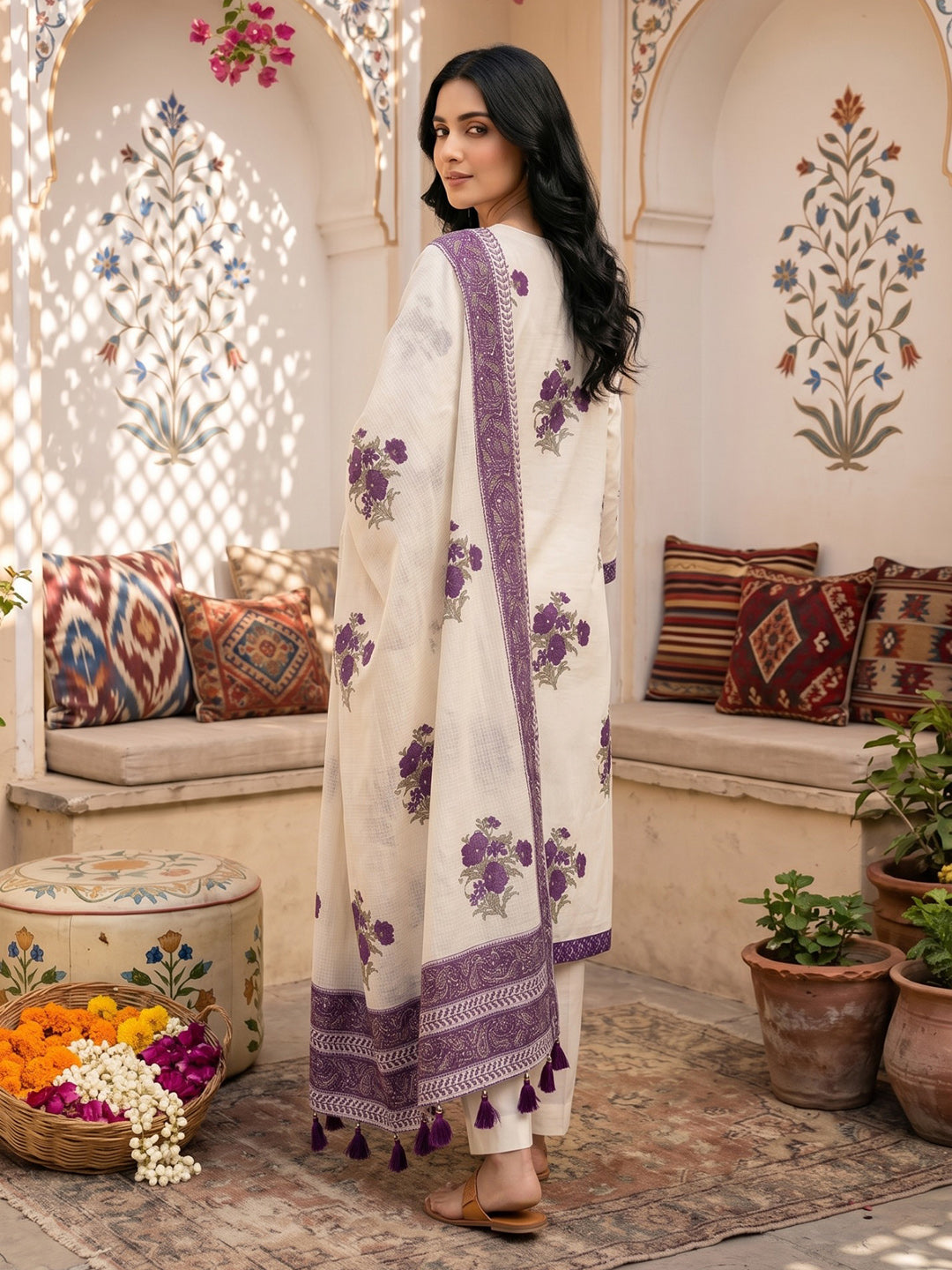 Purple Embroidered Cotton Blend Straight Round Neck Suit Set