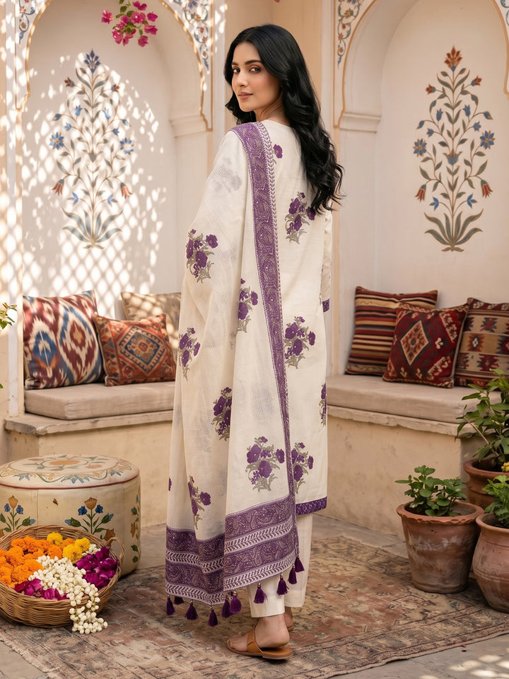 Purple Embroidered Cotton Blend Straight Round Neck Suit Set