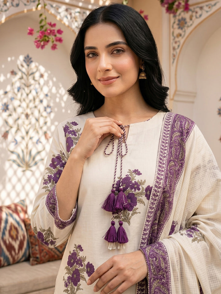 Purple Embroidered Cotton Blend Straight Round Neck Suit Set