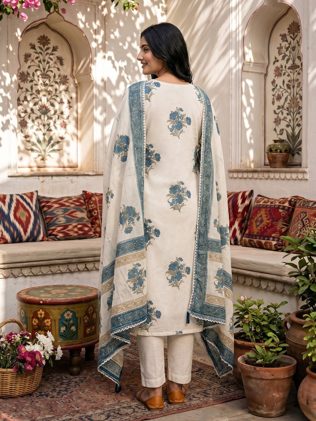 Teal Blue Embroidered Cotton Blend Straight Round Neck Suit Set