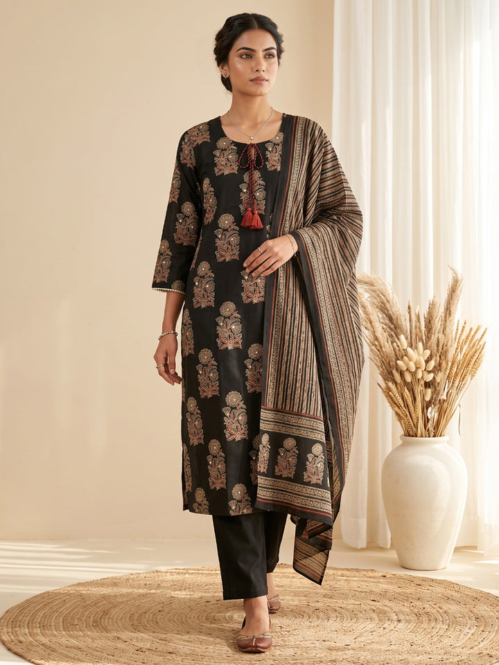 Black Embroidery Cotton Blend Kurta With Pant &amp; Dupatta