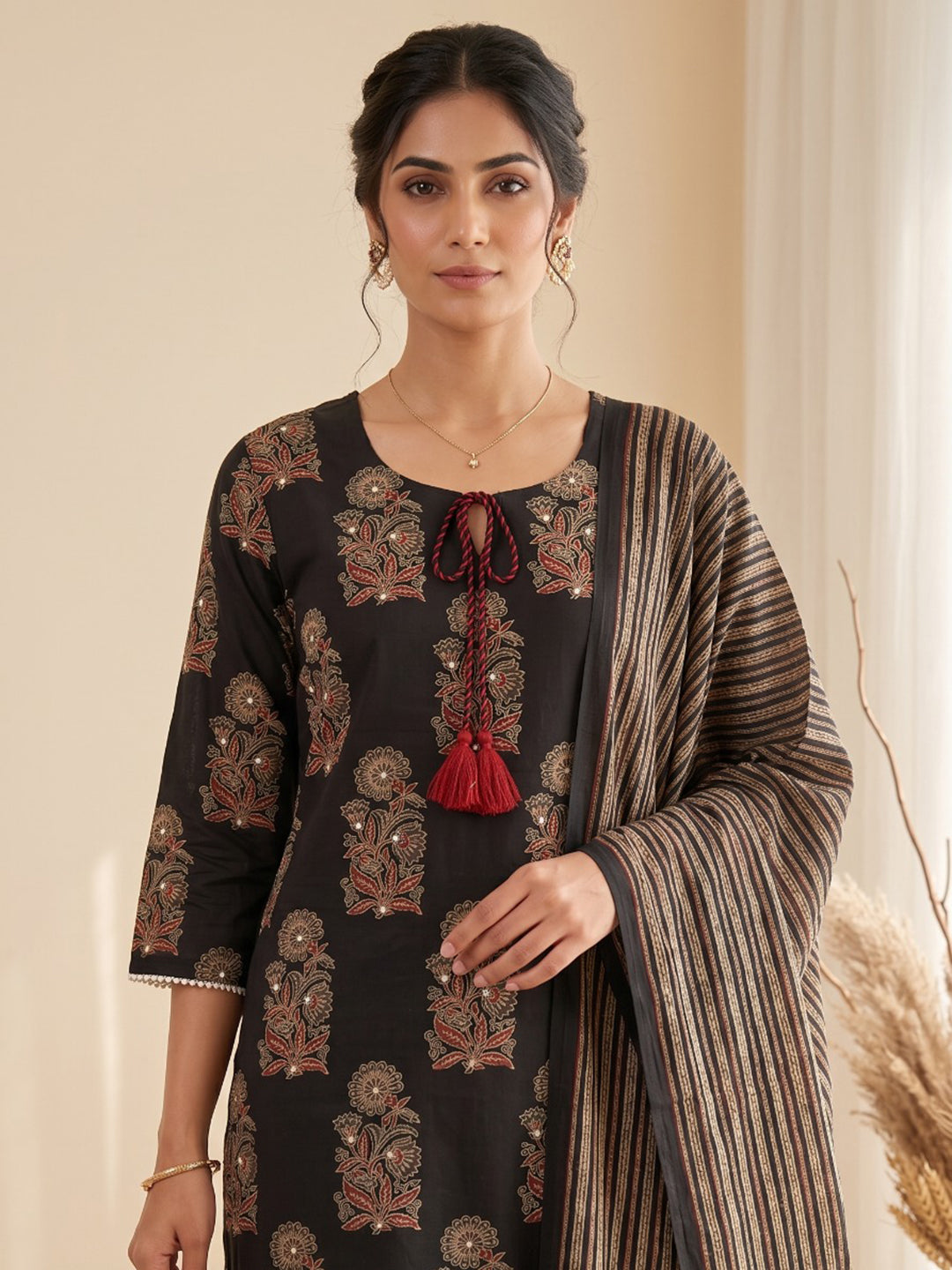 Black Embroidery Cotton Blend Kurta With Pant &amp; Dupatta
