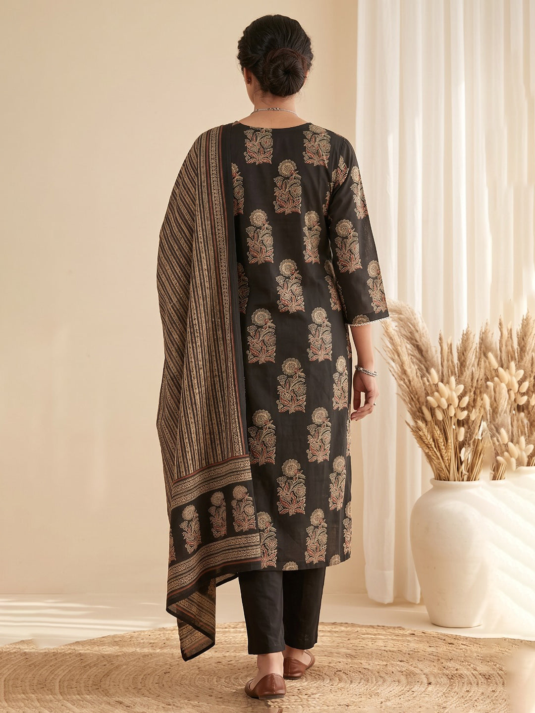 Black Embroidery Cotton Blend Kurta With Pant &amp; Dupatta