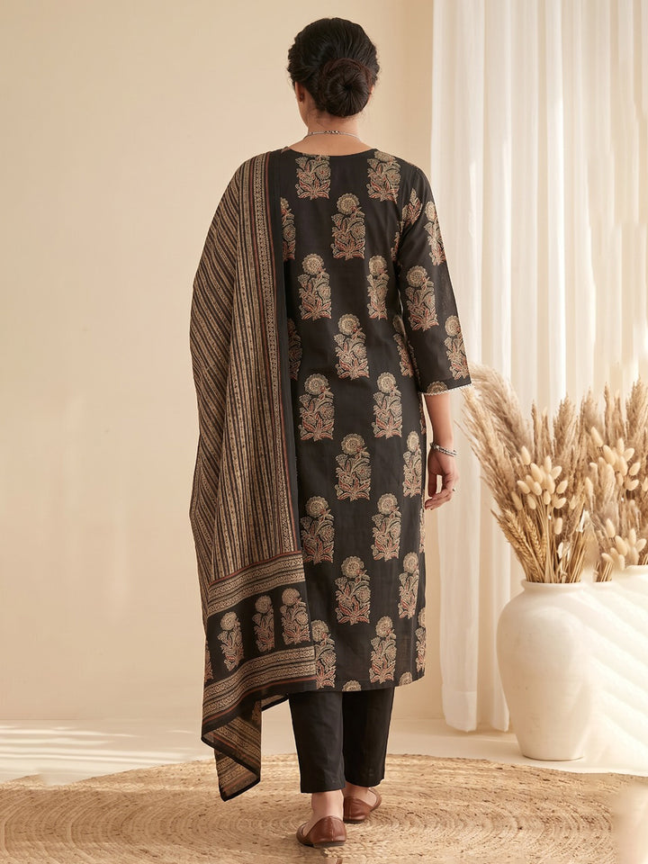 Black Embroidery Cotton Blend Kurta With Pant &amp; Dupatta