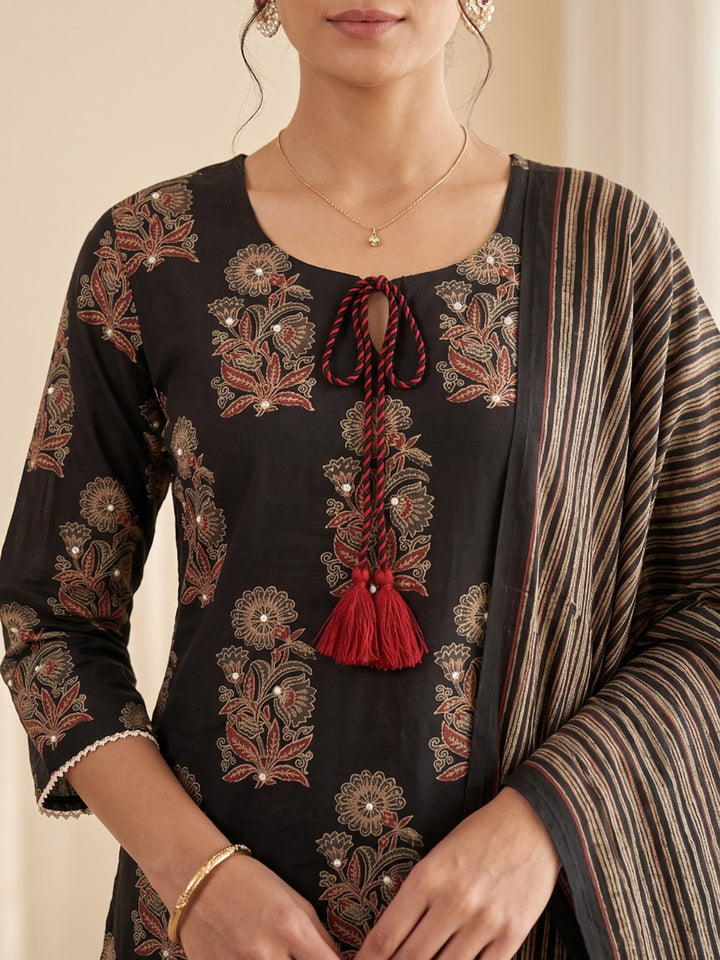 Black Embroidery Cotton Blend Kurta With Pant &amp; Dupatta