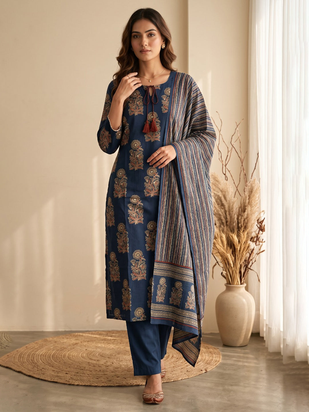 Blue Embroidery Cotton Blend Kurta With Pant &amp; Dupatta