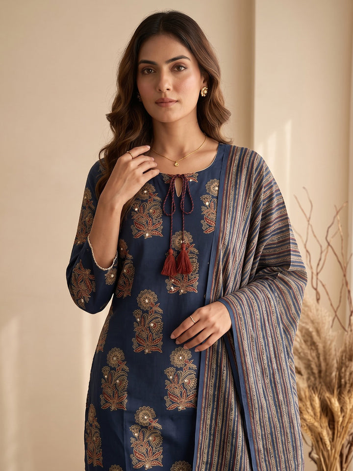 Blue Embroidery Cotton Blend Kurta With Pant &amp; Dupatta