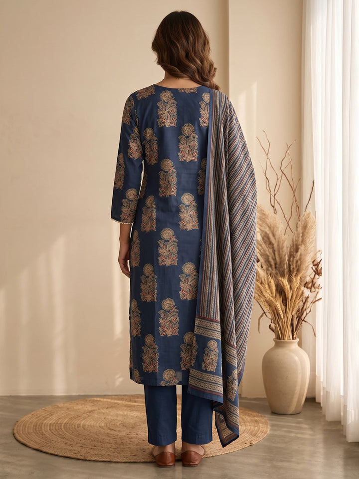 Blue Embroidery Cotton Blend Kurta With Pant &amp; Dupatta