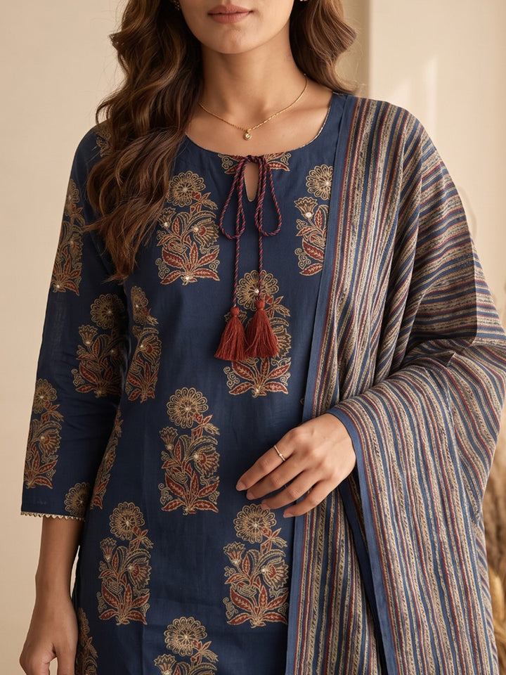 Blue Embroidery Cotton Blend Kurta With Pant &amp; Dupatta
