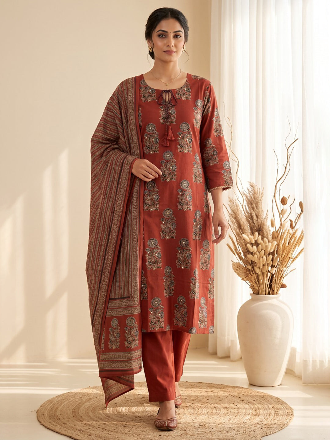 Red Embroidery Cotton Blend Kurta With Pant &amp; Dupatta