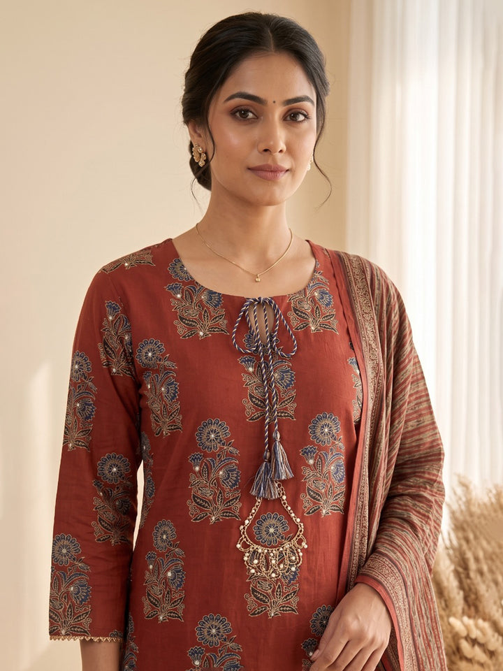 Red Embroidery Cotton Blend Kurta With Pant &amp; Dupatta