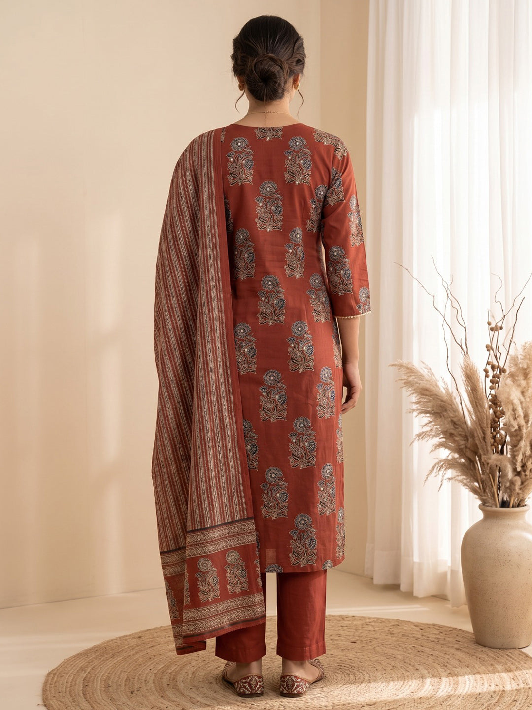 Red Embroidery Cotton Blend Kurta With Pant &amp; Dupatta