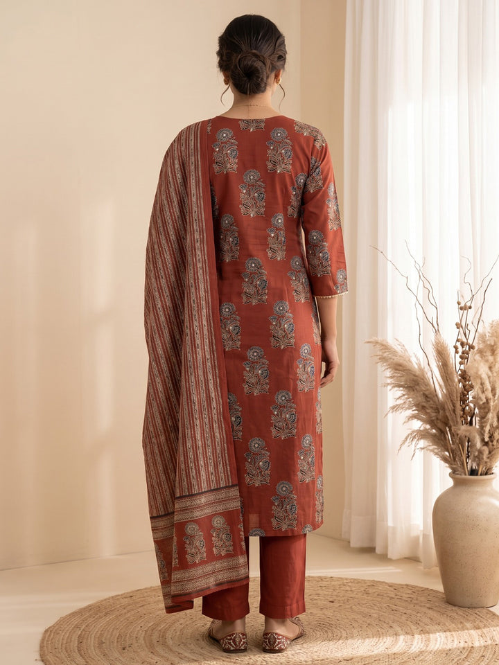 Red Embroidery Cotton Blend Kurta With Pant &amp; Dupatta