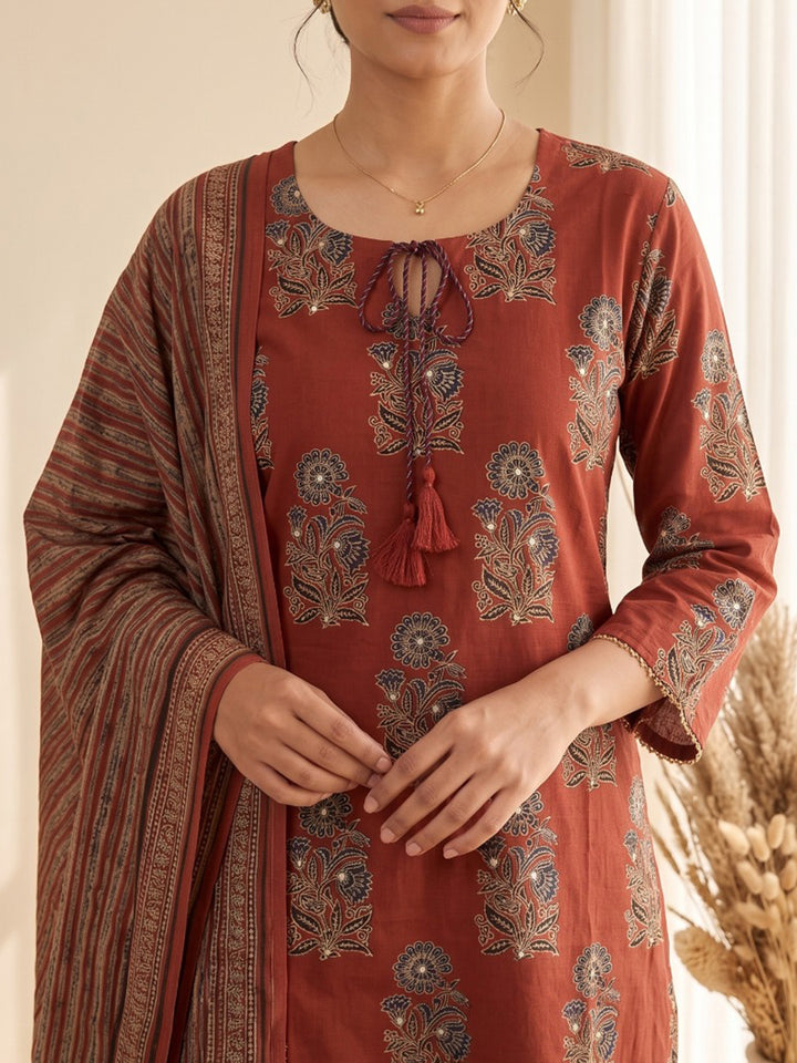 Red Embroidery Cotton Blend Kurta With Pant &amp; Dupatta