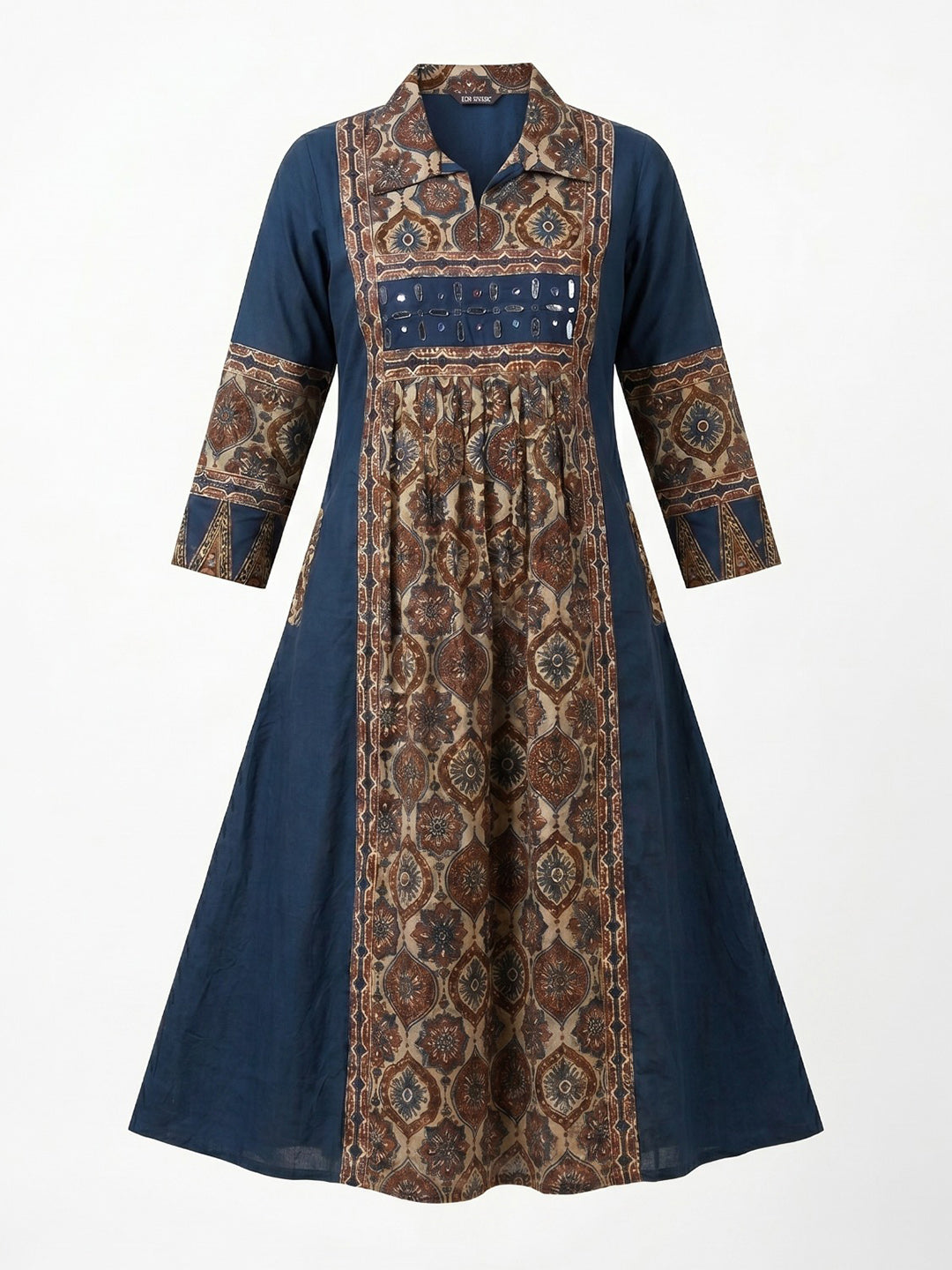 Blue Embroidered Cotton Blend Straight Kurta