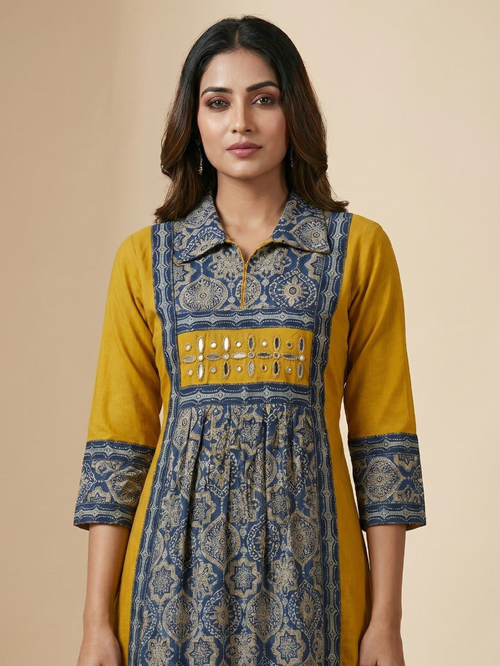 Yellow Embroidered Cotton Blend Straight Kurta