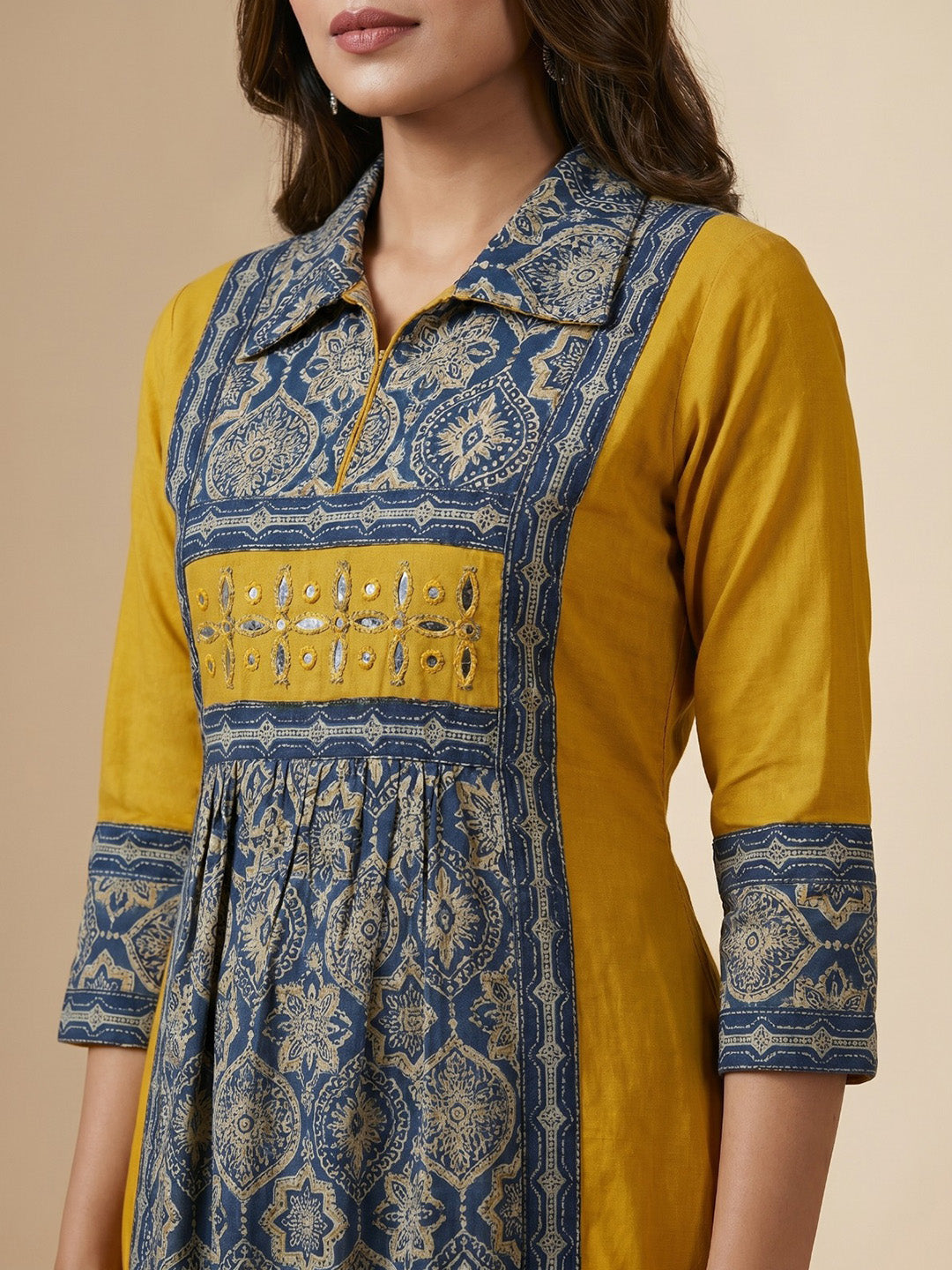 Yellow Embroidered Cotton Blend Straight Kurta