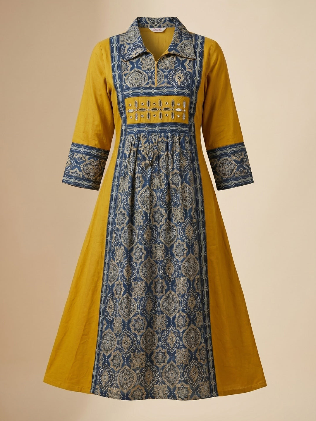 Yellow Embroidered Cotton Blend Straight Kurta