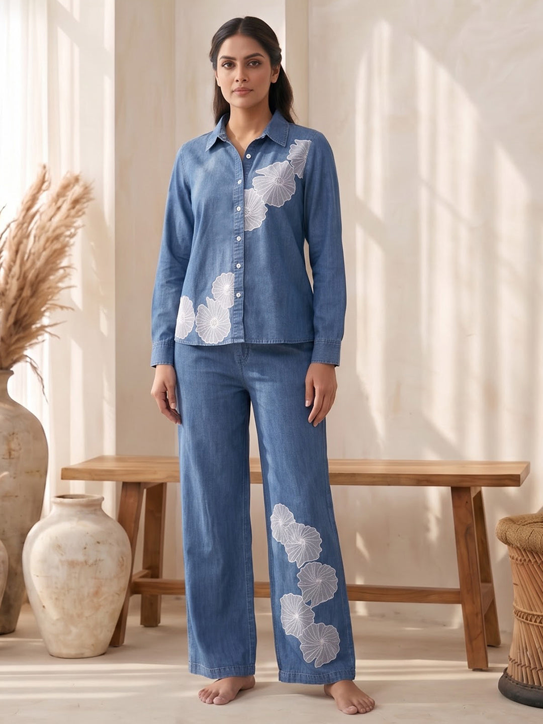 Blue Printed Cotton Blend Kurta With Pant