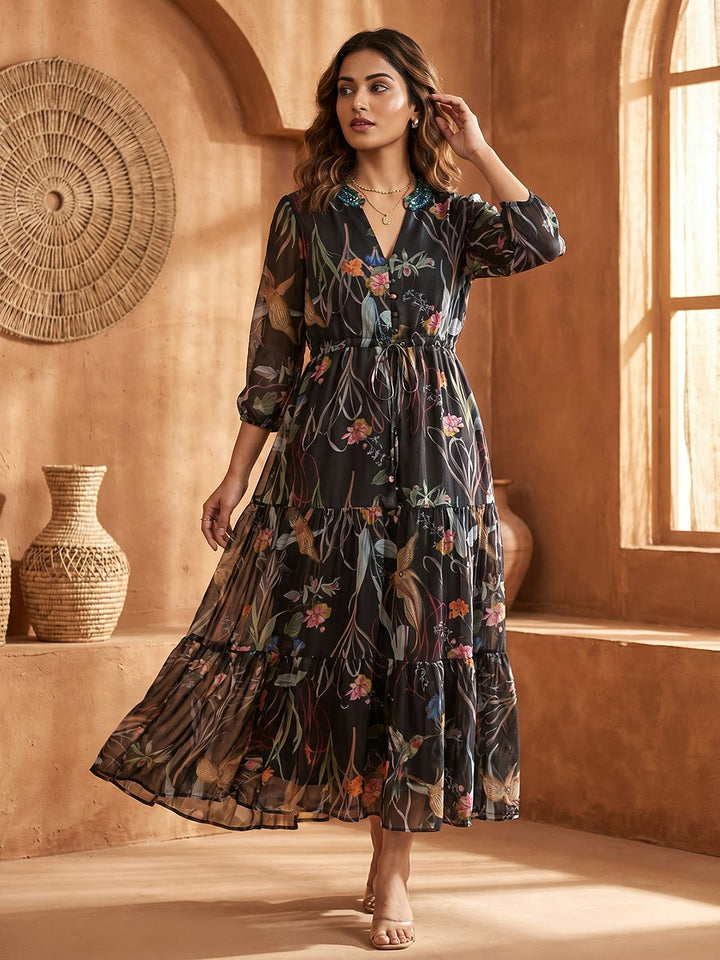 Black Art Silk Embroidered V Neck Kurta