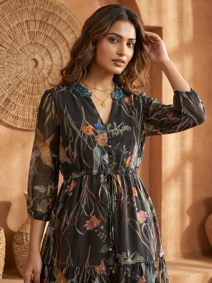 Black Art Silk Embroidered V Neck Kurta