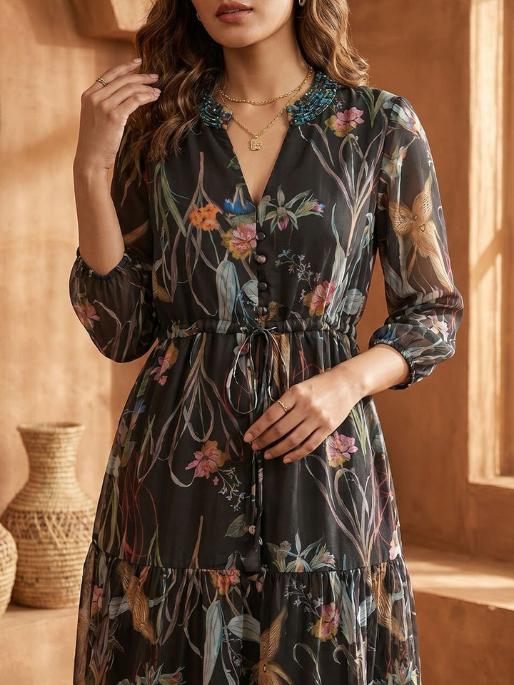 Black Art Silk Embroidered V Neck Kurta