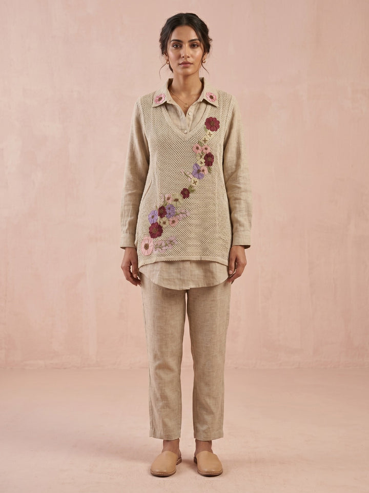 Cream Embroidered Cotton Blend Round Neck Straight Kurta With Pant