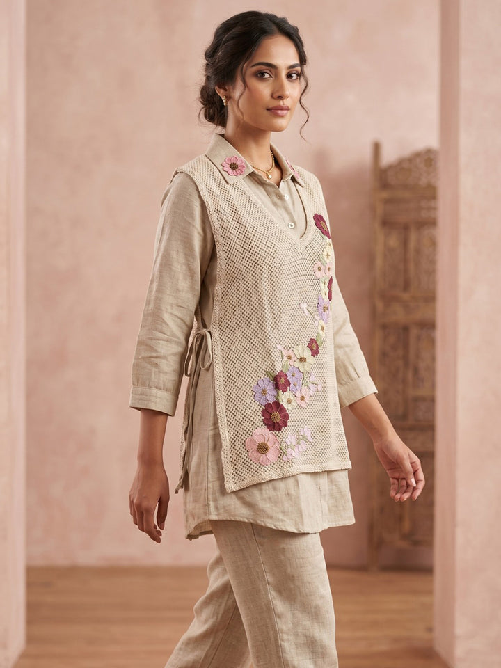 Cream Embroidered Cotton Blend Round Neck Straight Kurta With Pant