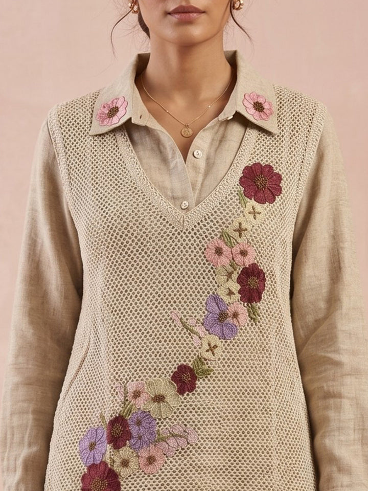Cream Embroidered Cotton Blend Round Neck Straight Kurta With Pant