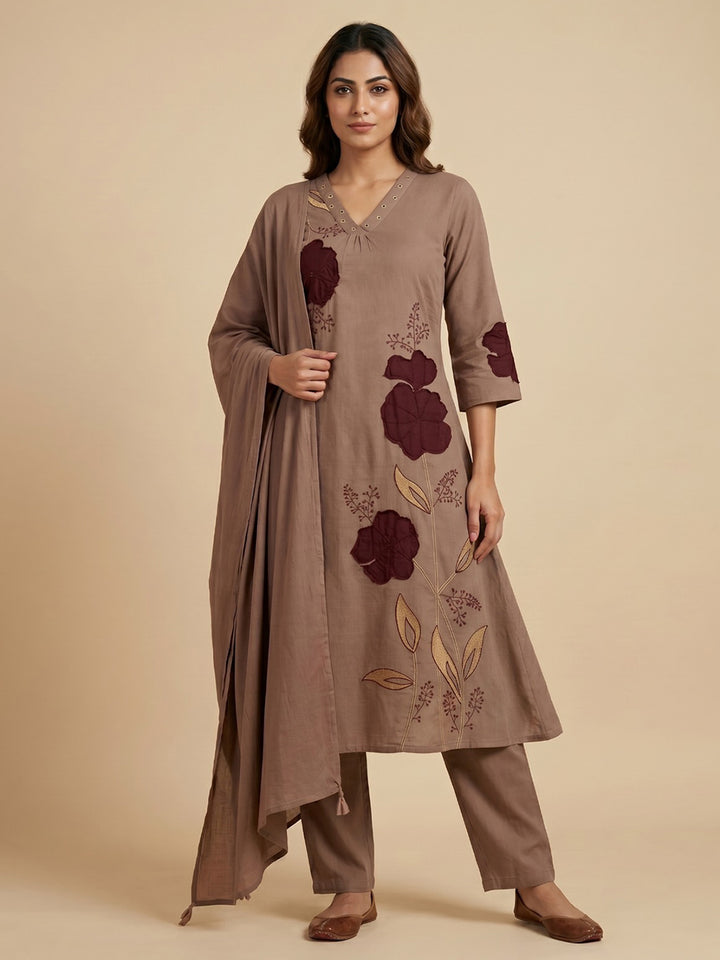 Brown Embroidered Cotton Blend Straight Round Neck Suit Set