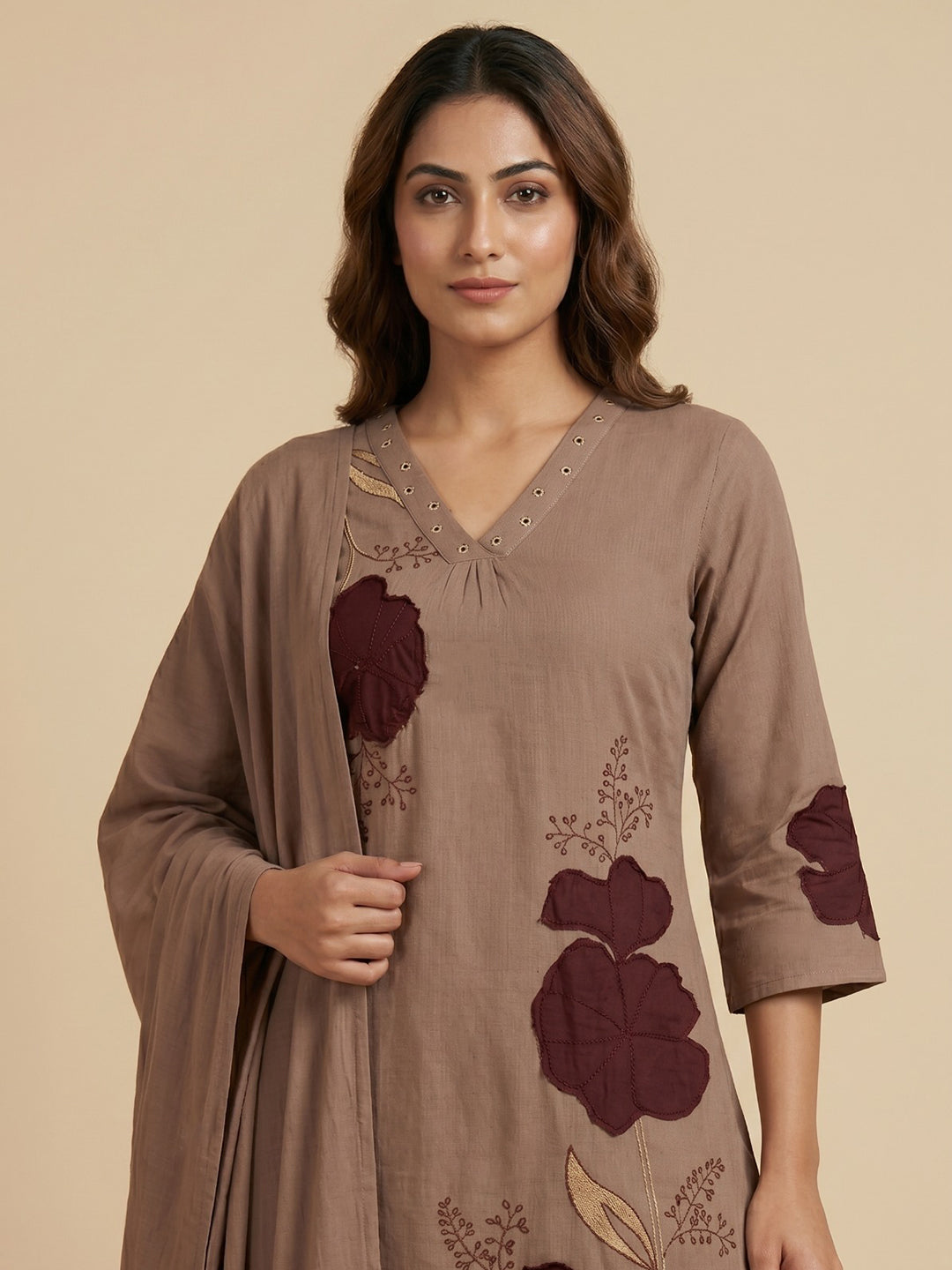 Brown Embroidered Cotton Blend Straight Round Neck Suit Set