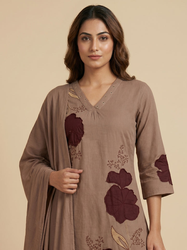 Brown Embroidered Cotton Blend Straight Round Neck Suit Set