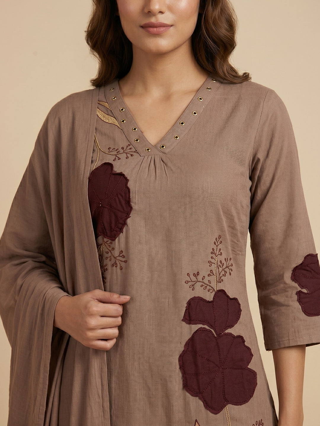 Brown Embroidered Cotton Blend Straight Round Neck Suit Set