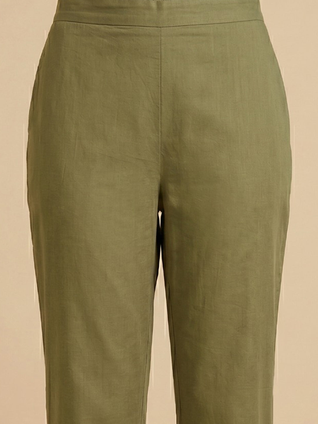 Green Embroidered Cotton Blend Straight Round Neck Suit Set