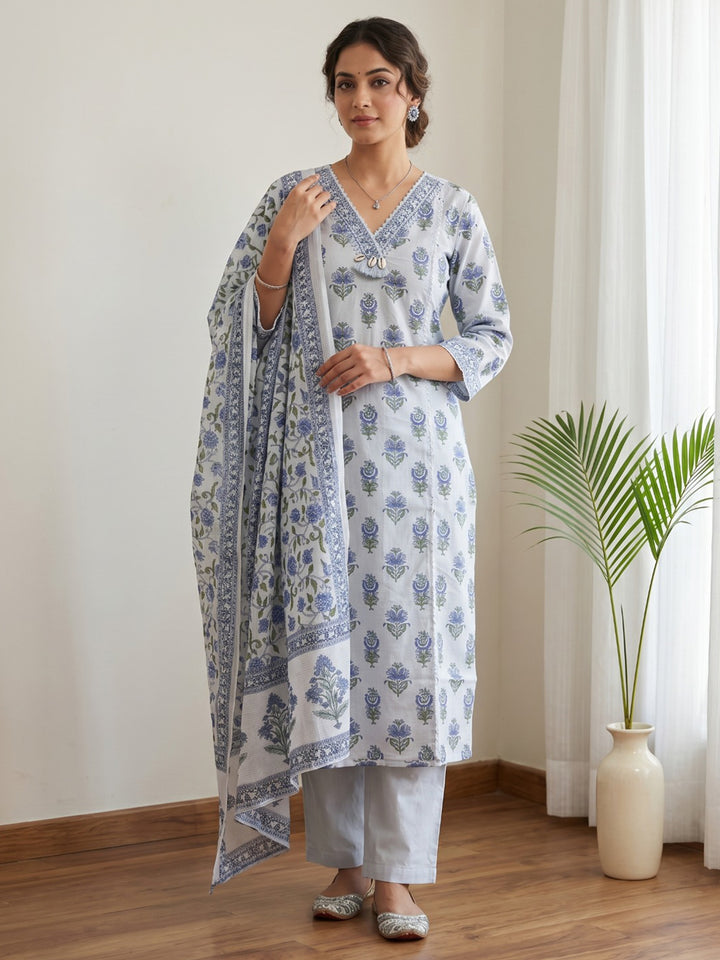 Sky Blue Printed Cotton Blend Kurta With Pant &amp; Dupatta