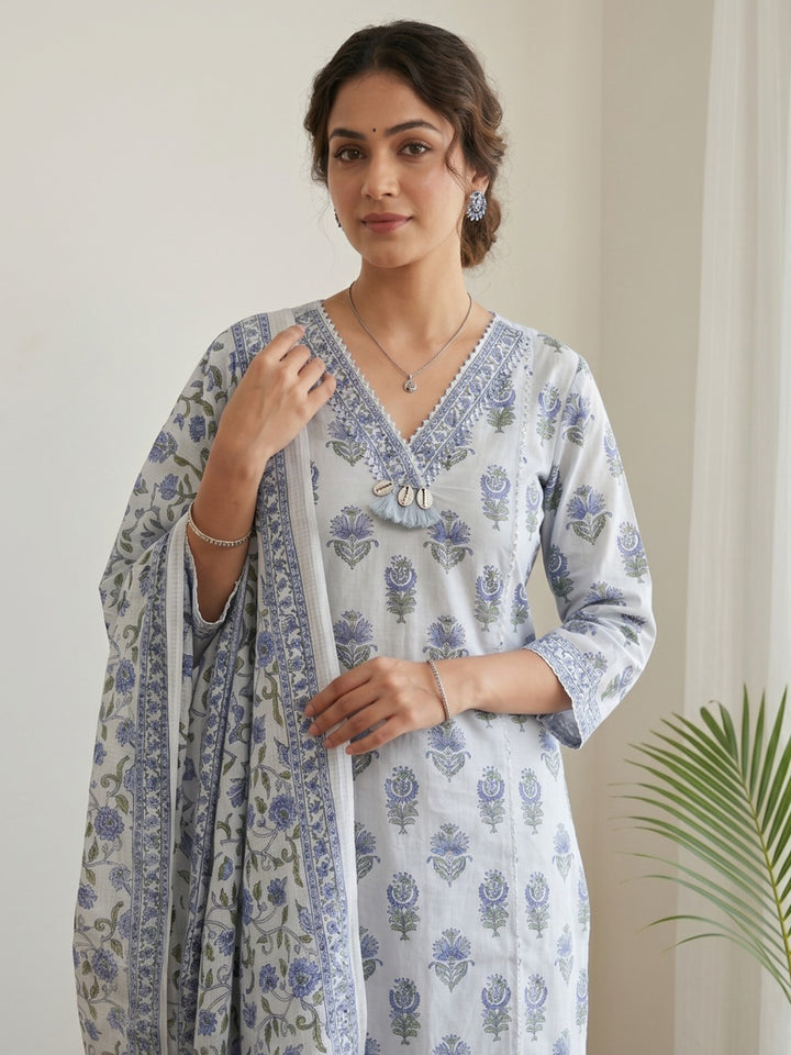 Sky Blue Printed Cotton Blend Kurta With Pant &amp; Dupatta