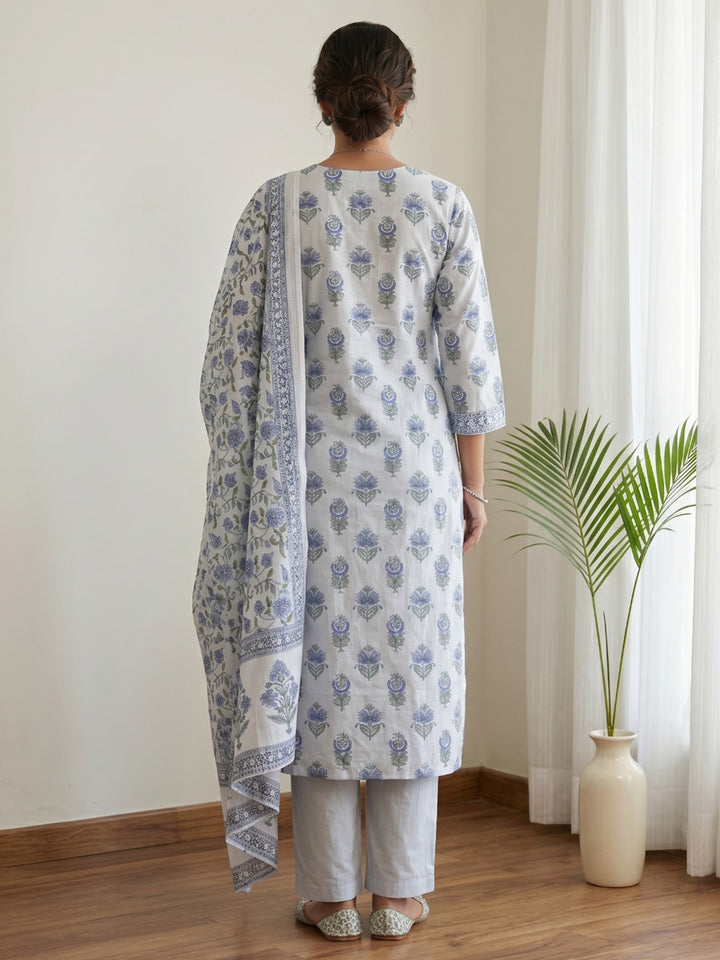 Sky Blue Printed Cotton Blend Kurta With Pant &amp; Dupatta