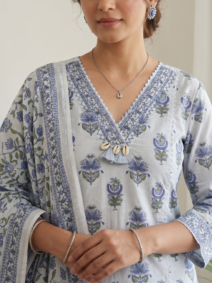 Sky Blue Printed Cotton Blend Kurta With Pant &amp; Dupatta