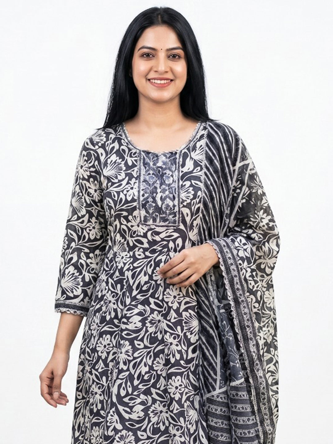 Black Printed Cotton Blend Straight Round Neck Suit Set
