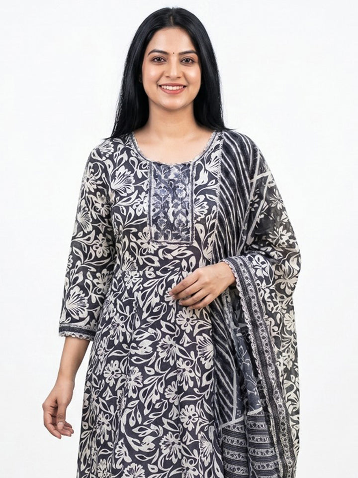 Black Printed Cotton Blend Straight Round Neck Suit Set