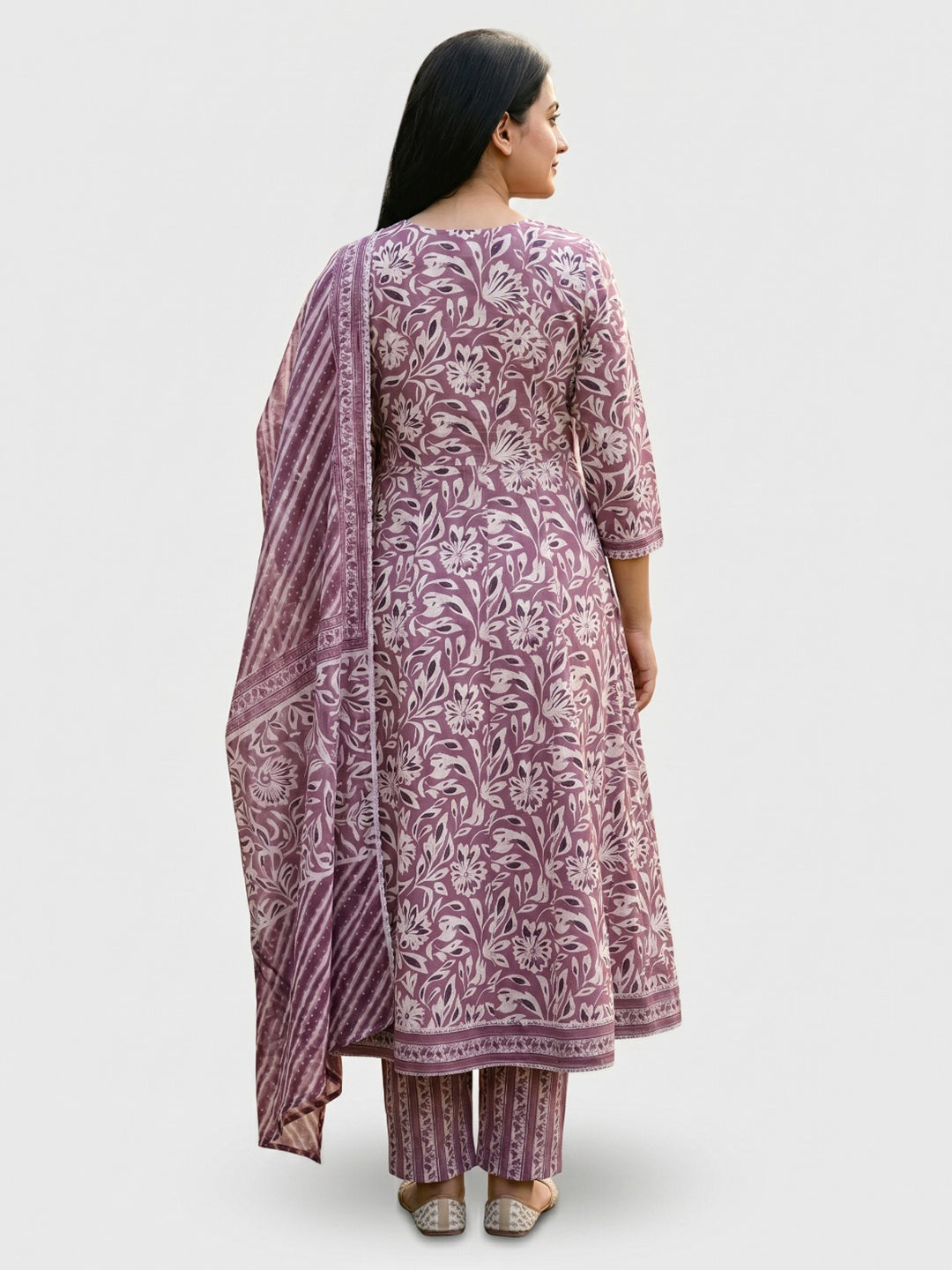 Purple Printed Cotton Blend Straight Round Neck Suit Set