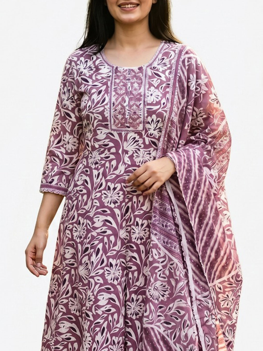 Purple Printed Cotton Blend Straight Round Neck Suit Set