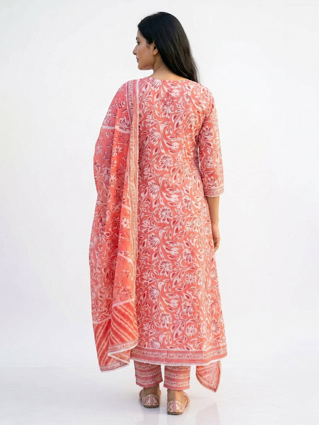 Red Printed Cotton Blend Straight Round Neck Suit Set