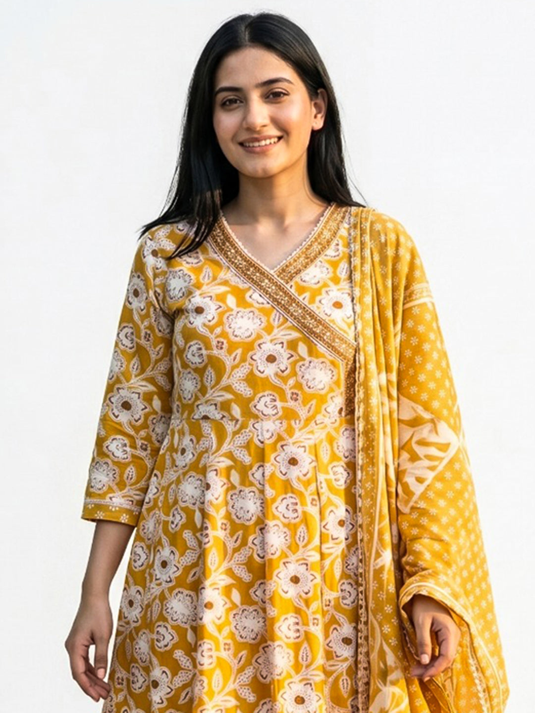 Mustard Printed Cotton Blend Straight Round Neck Suit Set