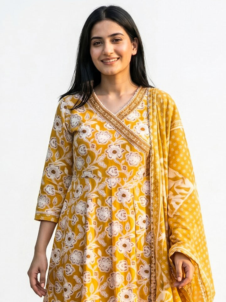 Mustard Printed Cotton Blend Straight Round Neck Suit Set