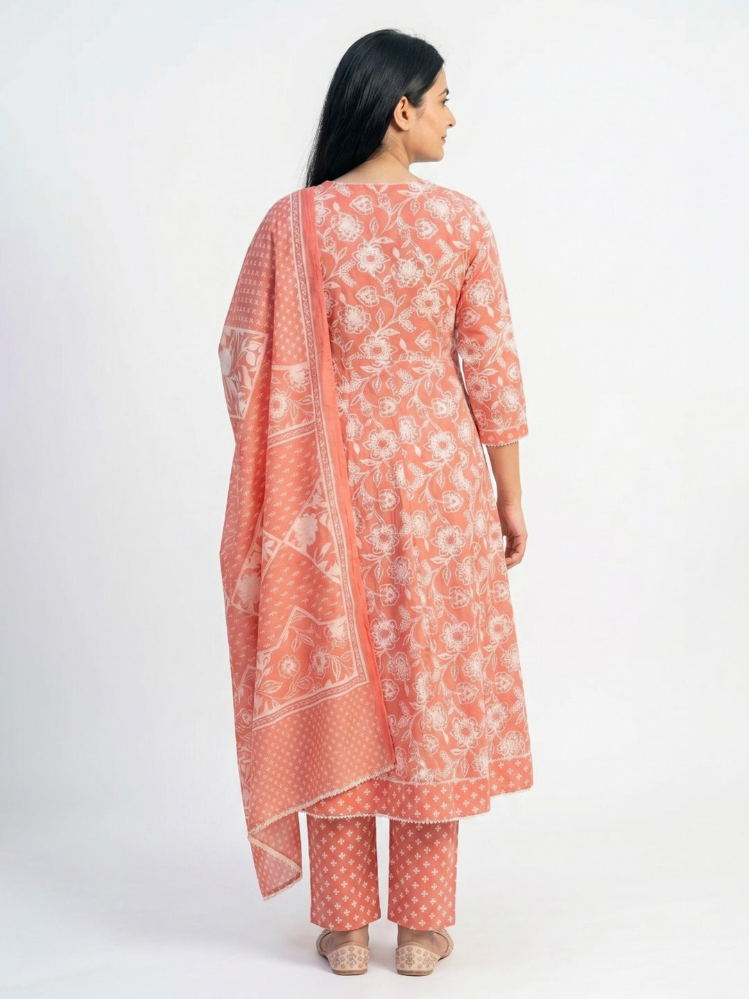 Red Printed Cotton Blend Straight Round Neck Suit Set