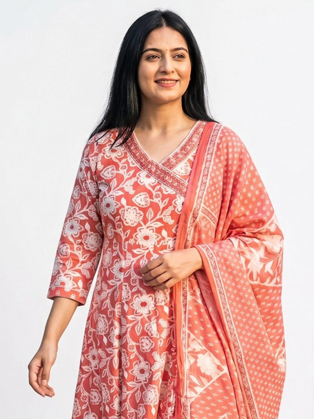 Red Printed Cotton Blend Straight Round Neck Suit Set