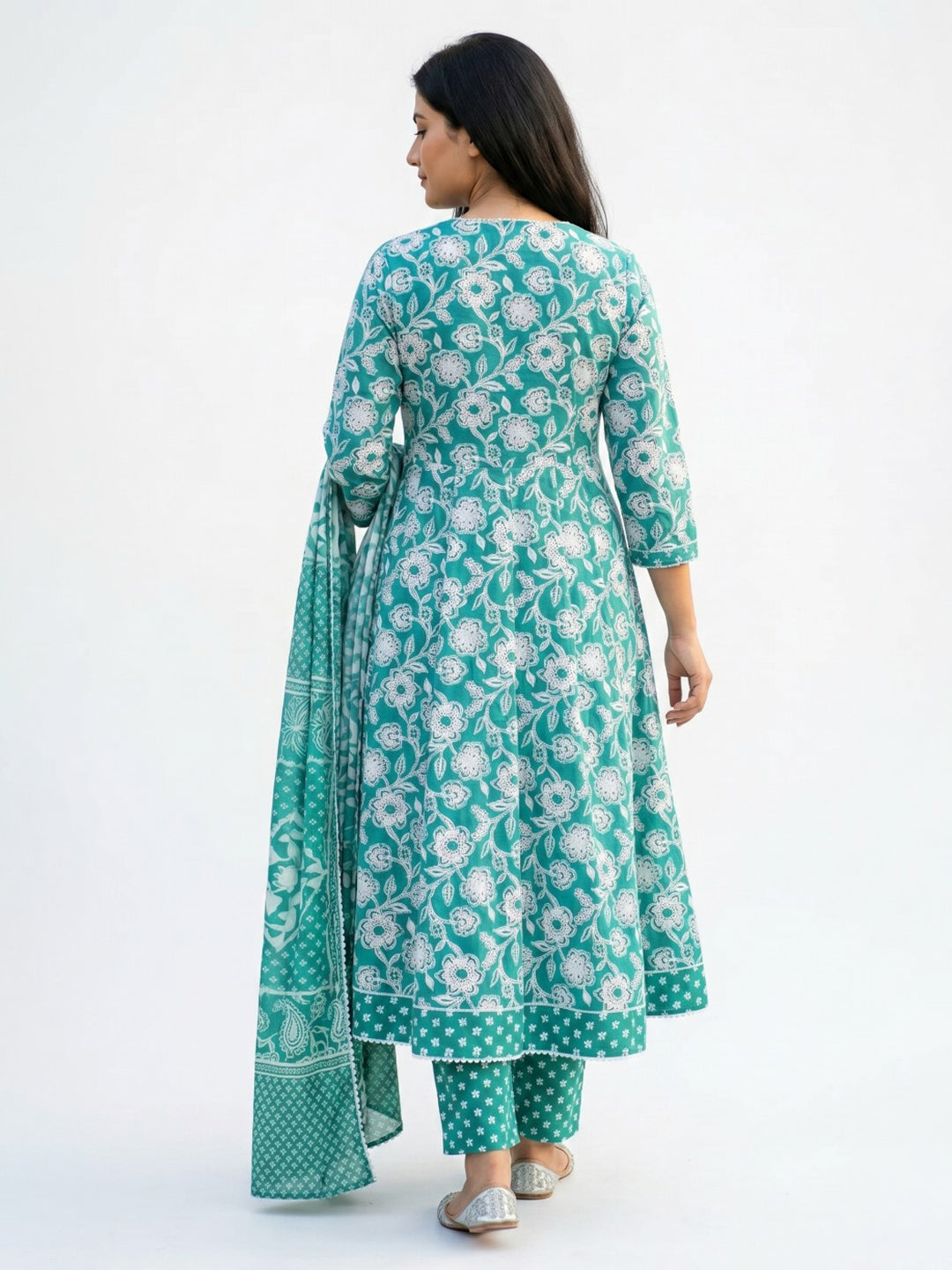 Sky Blue Printed Cotton Blend Straight Round Neck Suit Set