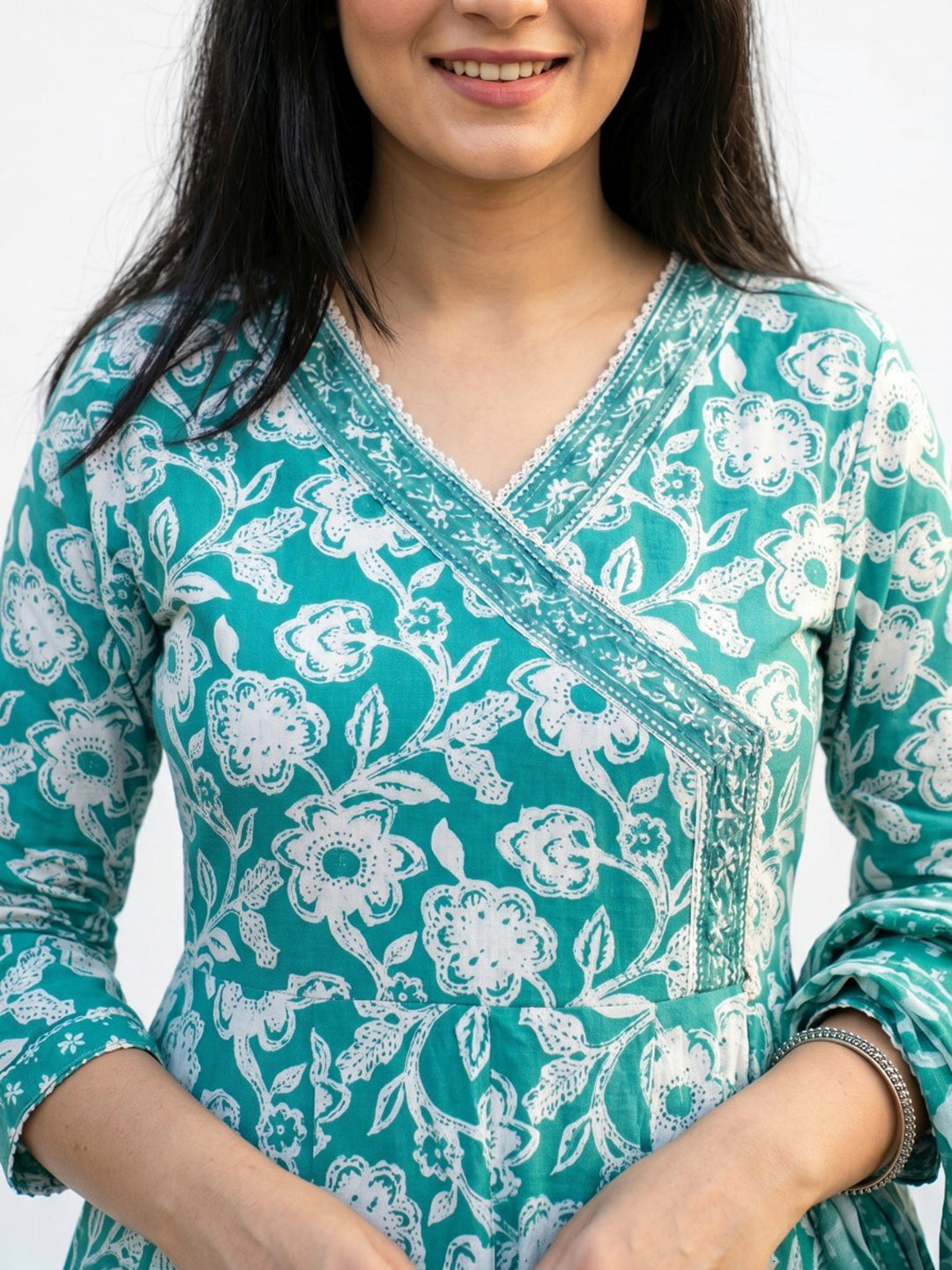 Sky Blue Printed Cotton Blend Straight Round Neck Suit Set